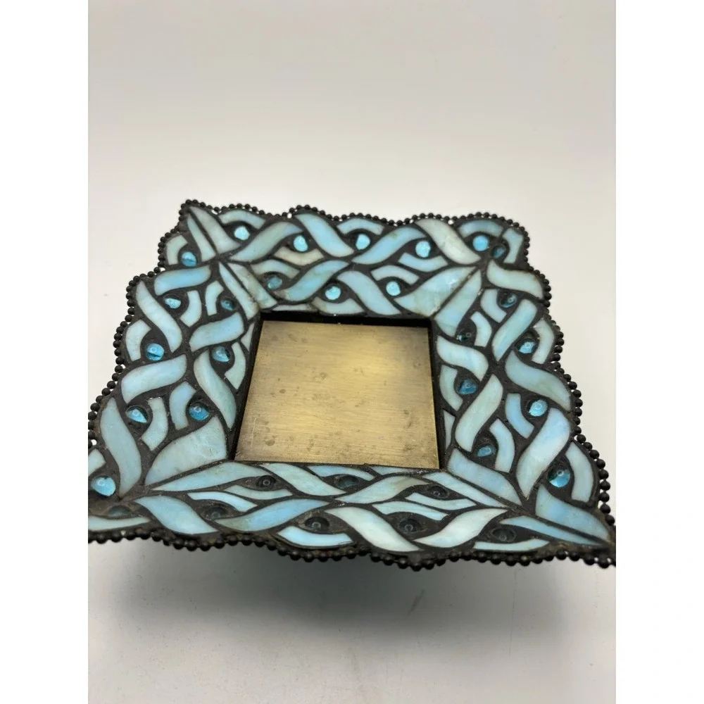 Party Lite Spring Water Blue Stained Glass Pillar Candle Holder Square Mosaic
